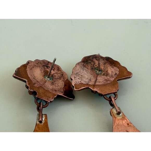 Vintage 80s Navajo Dangle Earrings Fan Shaped 925 Copper Gilt Running Bear - Picture 8 of 14